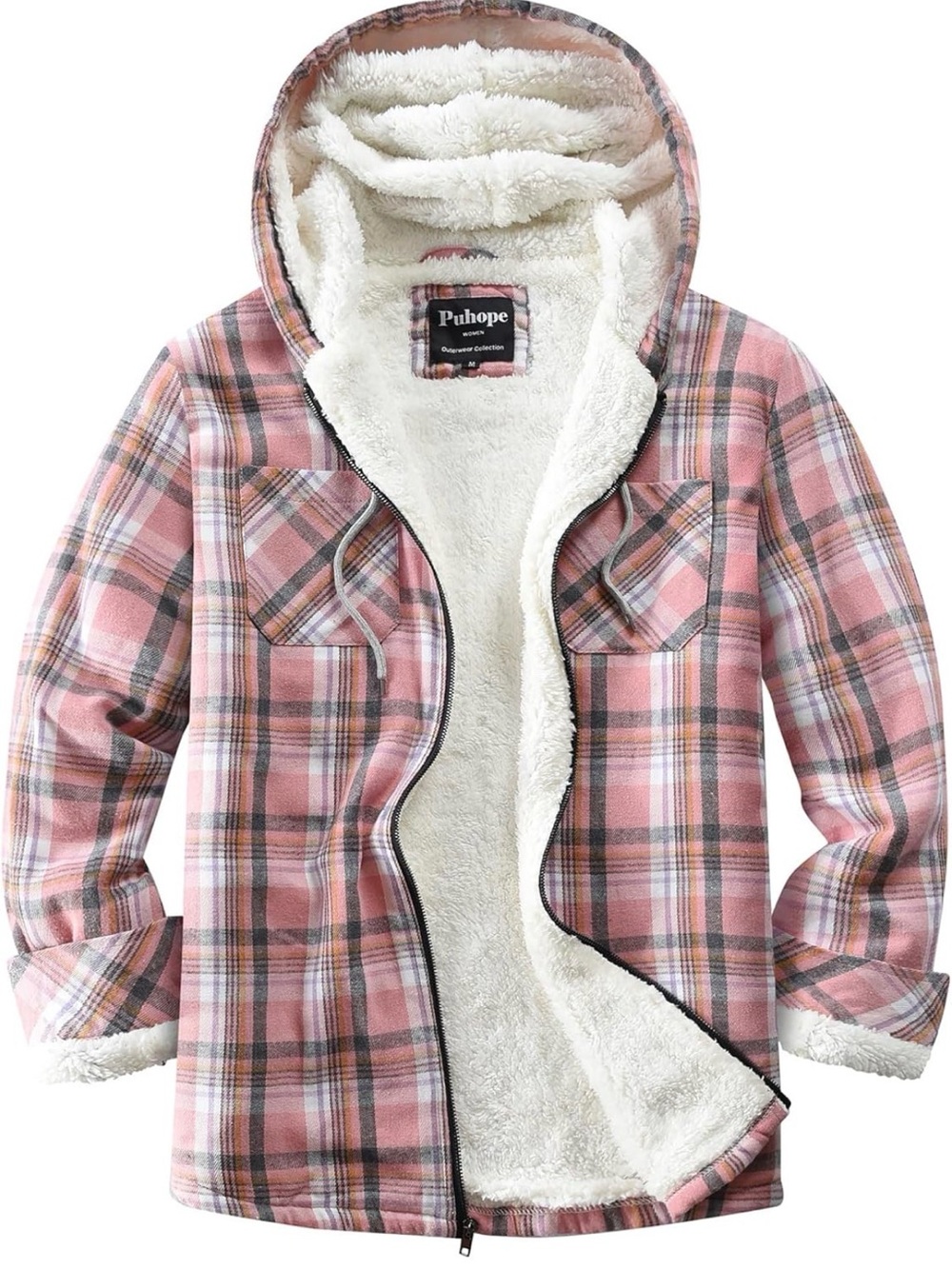 Puhope Pink Plaid Sherpa-Lined Hooded Jacket